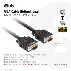   Club 3D Kábel - CAC-1703 (VGA Bidirectional, M/M, 3m, 28AWG, Full HD 1080p)