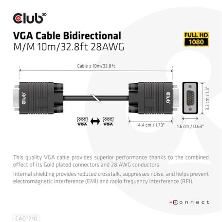 Club 3D Kábel - CAC-1710 (VGA Bidirectional, M/M, 10m, 28AWG, 1080p)