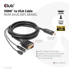   Club 3D Kábel - CAC-1712 (HDMI to VGA, M/M, 2m, 28AWG, 1080p, 3.5mm jack, Micro USB táplálás)