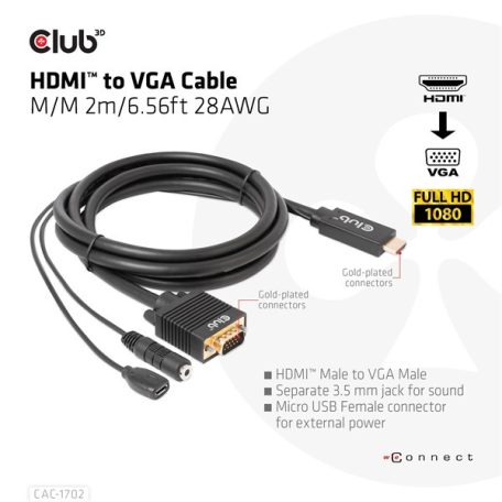 Club 3D Kábel - CAC-1712 (HDMI to VGA, M/M, 2m, 28AWG, 1080p, 3.5mm jack, Micro USB táplálás)