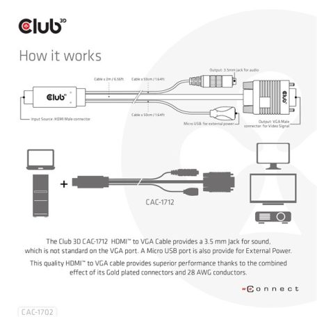 Club 3D Kábel - CAC-1712 (HDMI to VGA, M/M, 2m, 28AWG, 1080p, 3.5mm jack, Micro USB táplálás)