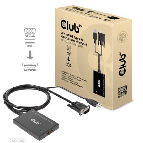 Club 3D Átalakító - CAC-1720 (USB-A & VGA to HDMI, M/F, 0.6m, 28AWG, Full HD 1080p)