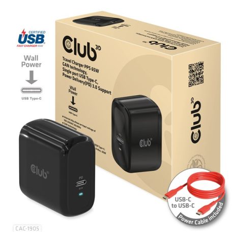 Club 3D Hálózati töltő - CAC-1905EU (65W GAN, USB-C, PD 3.0, túltöltés védelem, kicsi méret)