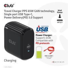   Club 3D Hálózati Adapter - CAC-1905EU (65W GAN, USB-C, PD 3.0, túltöltés védelem, kicsi méret)