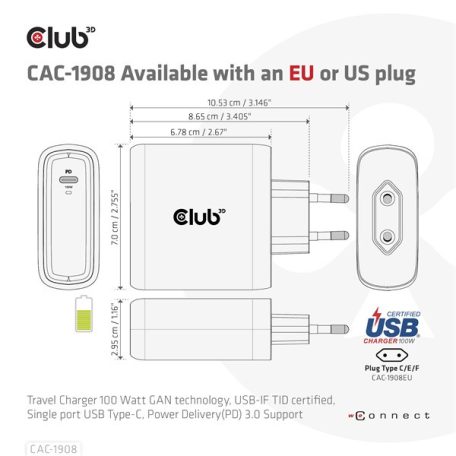 Club 3D Hálózati Adapter - CAC-1908EU (100W GAN, USB-IF, egyportos USB-C, PD 3.0 támogatás)