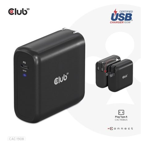 Club 3D Hálózati Adapter - CAC-1908EU (100W GAN, USB-IF, egyportos USB-C, PD 3.0 támogatás)