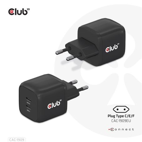 Club 3D Hálózati töltő - CAC-1909EU (45W GAN, USB-C Dual Port, PD 3.0, PPS, Kétportos)