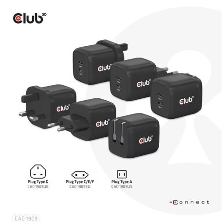 Club 3D Hálózati Adapter - CAC-1909EU (45W GAN, USB-C Dual Port, PD 3.0, PPS, Kétportos)