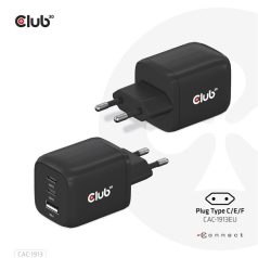   Club 3D Hálózati Adapter - CAC-1913EU (65W GAN, Triple port 2xUSB-C 1xUSB-A PD 3.0)
