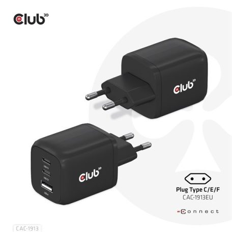 Club 3D Hálózati töltő - CAC-1913EU (65W GAN, Triple port 2xUSB-C 1xUSB-A PD 3.0)