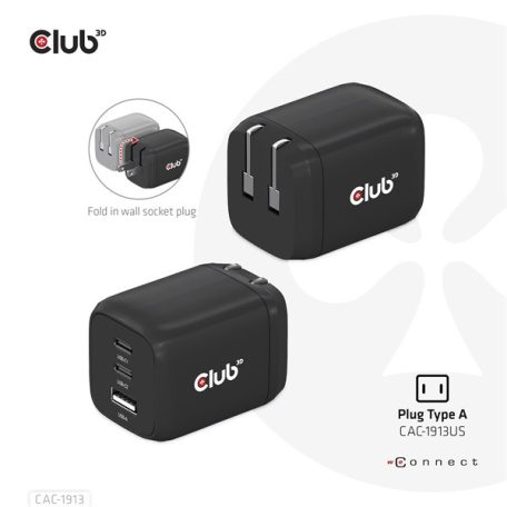 Club 3D Hálózati Adapter - CAC-1913EU (65W GAN, Triple port 2xUSB-C 1xUSB-A PD 3.0)