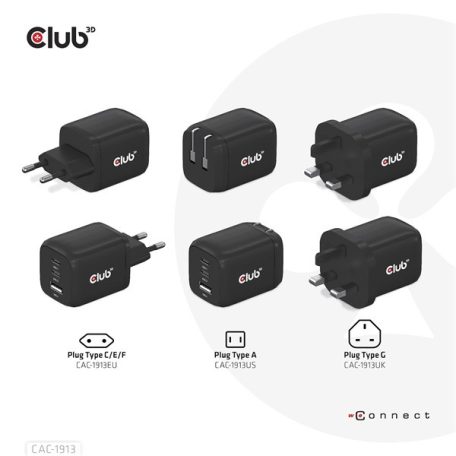 Club 3D Hálózati Adapter - CAC-1913EU (65W GAN, Triple port 2xUSB-C 1xUSB-A PD 3.0)