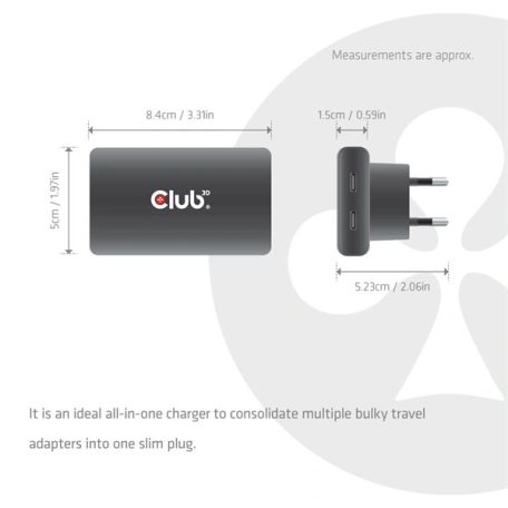 Club 3D Hálózati Adapter - CAC-1935 (65W 2xUSB-C, PD3.1, túltöltés védelem, kicsi méret, fekete)