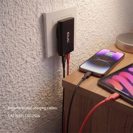 Club 3D Hálózati Adapter - CAC-1935 (65W 2xUSB-C, PD3.1, túltöltés védelem, kicsi méret, fekete)
