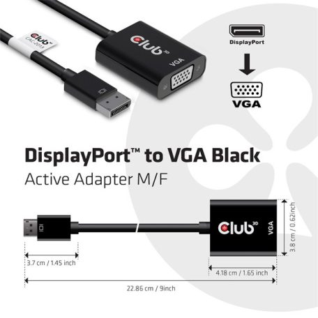 Club 3D Átalakító - CAC-2013 (DisplayPort 1.1a to VGA, fekete, aktív, WUXGA 1920x1200 @60Hz)
