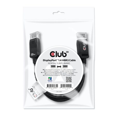 Club 3D Kábel - CAC-2067 (DisplayPort 1.4, HBR3, 8K60Hz, 1m, M/M, VESA minősítés)