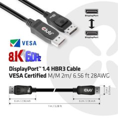   Club 3D Kábel - CAC-2068 (DisplayPort 1.4, M/M, 28AWG, HBR3, VESA tanúsítvánnyal, 8K60Hz, 2m)