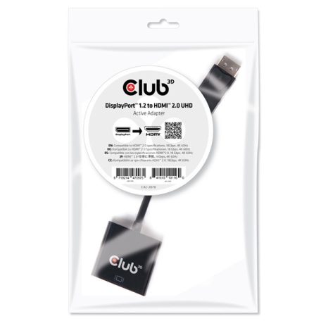 Club 3D Átalakító - CAC-2070 (DisplayPort 1.2 to HDMI 2.0, 4K60Hz UHD, Aktív, 3D támogatás)