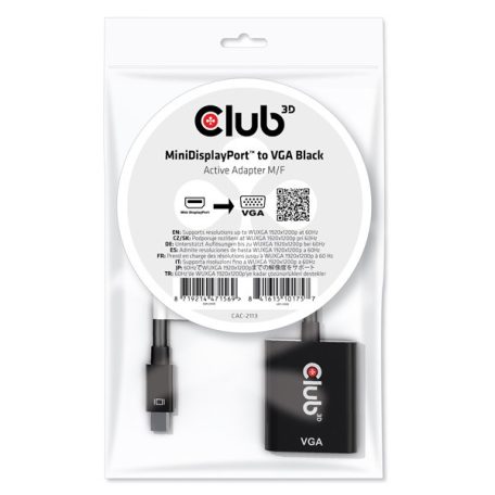 Club 3D Átalakító - CAC-2113 (Mini DisplayPor 1.1a to VGA, fekete, aktív, 1920x1200@60Hz, kompatibilis AMD/Nvidia/Intel)