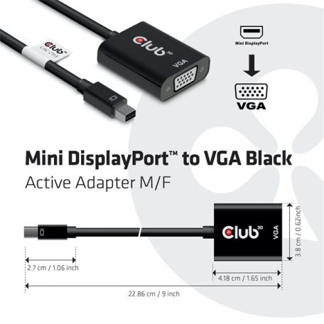 Club 3D Átalakító - CAC-2113 (Mini DisplayPor 1.1a to VGA, fekete, aktív, 1920x1200@60Hz, kompatibilis AMD/Nvidia/Intel)