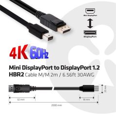   Club 3D Kábel - CAC-2163 (Mini DisplayPort to DisplayPort 1.2, 2m, 4K 60Hz, Bidirektional, 21.6Gbps, zárral)