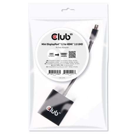 Club 3D Átalakító - CAC-2170 (Mini DisplayPort 1.2 to HDMI 2.0, 4K60Hz, UHD, 3D aktív átalakító)