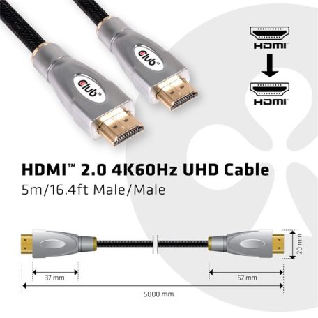 Club 3D Kábel - CAC-2312 (HDMI 2.0, 4K60Hz UHD, HDR, 5m, aranyozott, 18Gbps, Bidirectional)