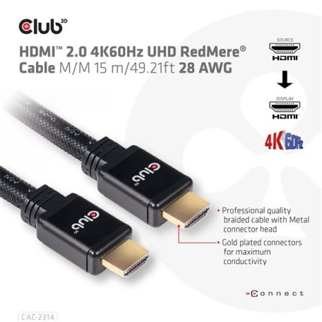Club 3D Kábel - CAC-2314 (HDMI 2.0 4K60Hz RedMere, M/M, 15m, 18Gbps, UHD, AWG28)