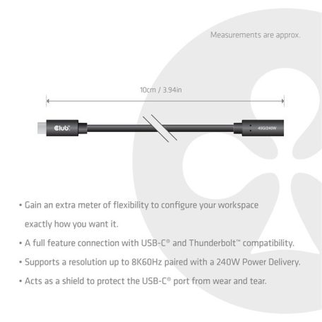 Club 3D Kábel - CAC-2502 (USB-C to USB-C, M/F, 40Gbps, 8K60Hz, 240W, DP 1.4 Alternate Mode, 1m)