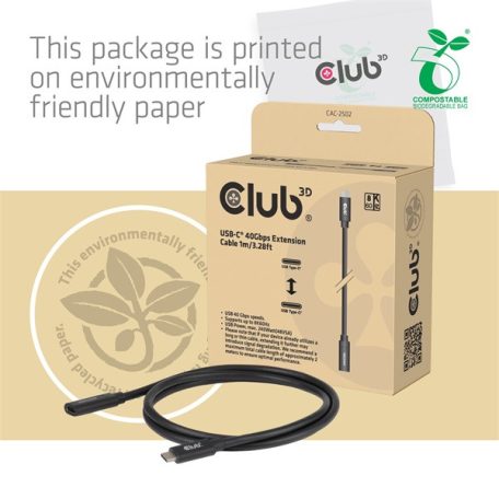 Club 3D Kábel - CAC-2502 (USB-C to USB-C, M/F, 40Gbps, 8K60Hz, 240W, DP 1.4 Alternate Mode, 1m)