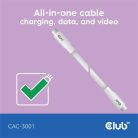 Club 3D Kábel - CAC-3001 (USB-C, PD 240W, 20Gbps, 4K60Hz, fehér, M/M, 2m)