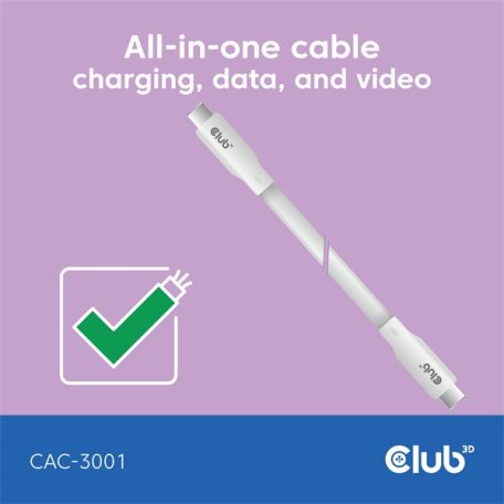 Club 3D Kábel - CAC-3001 (USB-C, PD 240W, 20Gbps, 4K60Hz, fehér, M/M, 2m)