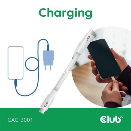 Club 3D Kábel - CAC-3001 (USB-C, PD 240W, 20Gbps, 4K60Hz, fehér, M/M, 2m)