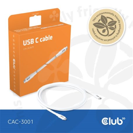 Club 3D Kábel - CAC-3001 (USB-C, PD 240W, 20Gbps, 4K60Hz, fehér, M/M, 2m)