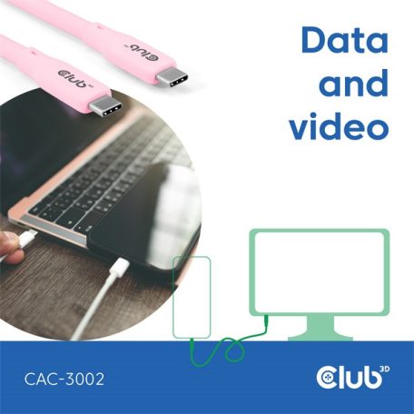 Club 3D Kábel - CAC-3002 (USB-C, PD 240W, 20Gbps, 4K60Hz, rózsaszín, M/M, 2m)
