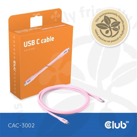 Club 3D Kábel - CAC-3002 (USB-C, PD 240W, 20Gbps, 4K60Hz, rózsaszín, M/M, 2m)