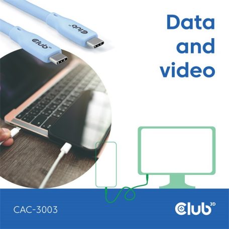 Club 3D Kábel - CAC-3003 (USB-C, PD 240W, 20Gbps, 4K60Hz, kék, M/M, 2m)