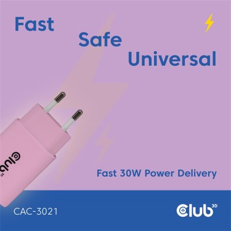 Club 3D Hálózati Adapter - CAC-3021 (2db/csomag, 30W USB-C, PD3.0, túltöltés védelem, kicsi méret, pink)
