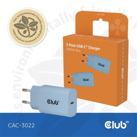 Club 3D Hálózati Adapter - CAC-3022 (2db/csomag, 30W USB-C, PD3.0, túltöltés védelem, kicsi méret, kék)