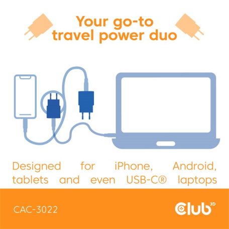 Club 3D Hálózati Adapter - CAC-3022 (2db/csomag, 30W USB-C, PD3.0, túltöltés védelem, kicsi méret, kék)