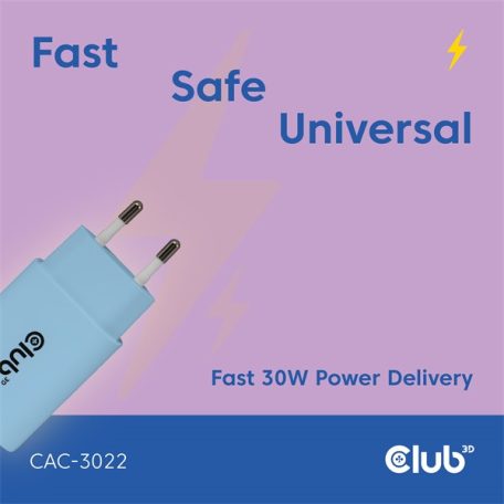 Club 3D Hálózati Adapter - CAC-3022 (2db/csomag, 30W USB-C, PD3.0, túltöltés védelem, kicsi méret, kék)