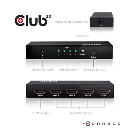 Club 3D Switch - CSV-1370 (HDMI 2.0, 4K60HZ, 4 Port, IR távvezérlővel)