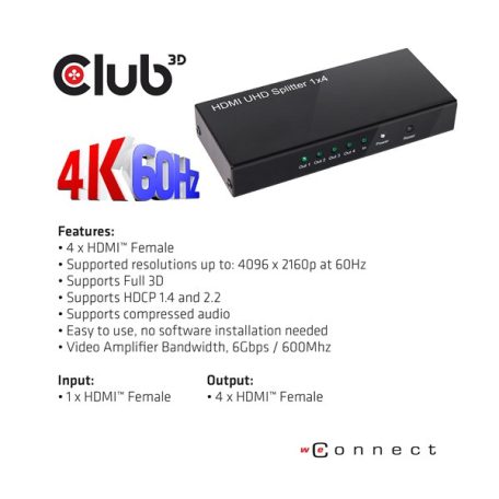 Club 3D Splitter - CSV-1380 (HDMI 2.0, 4K@60Hz UHD, 4 port, 3D támogatás, HDCP 1.4/2.2)