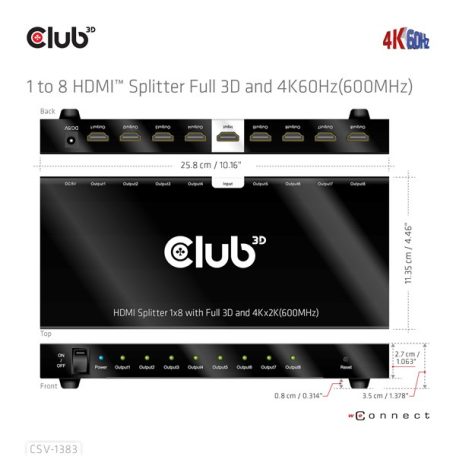 Club 3D Splitter - CSV-1383 (1 to 8 HDMI, 4K60Hz, HDR, Full 3D, 6Gbps, 12-bit Deep Color)