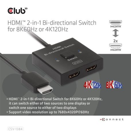 Club 3D Switch - CSV-1384 (HDMI 2-az-1-ben, Kétirányú, 8K60Hz/4K120Hz, HDR, HDMI 2.1)