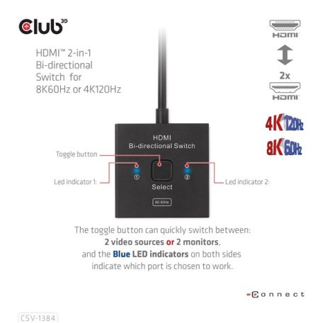 Club 3D Switch - CSV-1384 (HDMI 2-az-1-ben, Kétirányú, 8K60Hz/4K120Hz, HDR, HDMI 2.1)