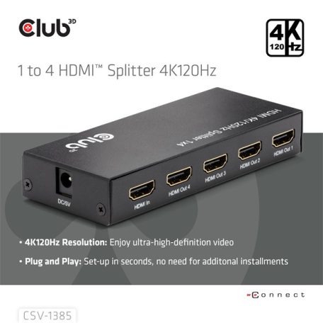Club 3D Splitter - CSV-1385 (1 to 4 HDMI, 4K120Hz, 3D, HDCP 1.4/2.2, Audio, 6Gbps)