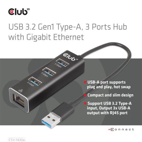 Club 3D USB Hub - CSV-1430A (3.2 USB-A to 3xUSB-A, RJ45)