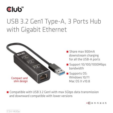 Club 3D USB Hub - CSV-1430A (3.2 USB-A to 3xUSB-A, RJ45)