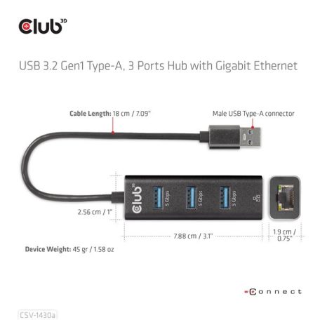 Club 3D USB Hub - CSV-1430A (3.2 USB-A to 3xUSB-A, RJ45)